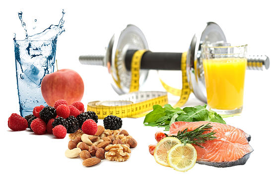 fruits, eggs, meat, exercising equipment which are essential sports nutrition